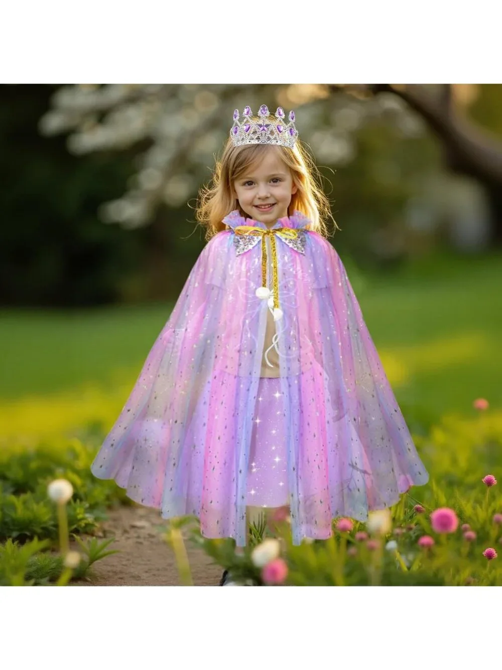 Princess Dress Up Cape with Crown & Tutu Costume Set for Girls Ages 3-8-Purple